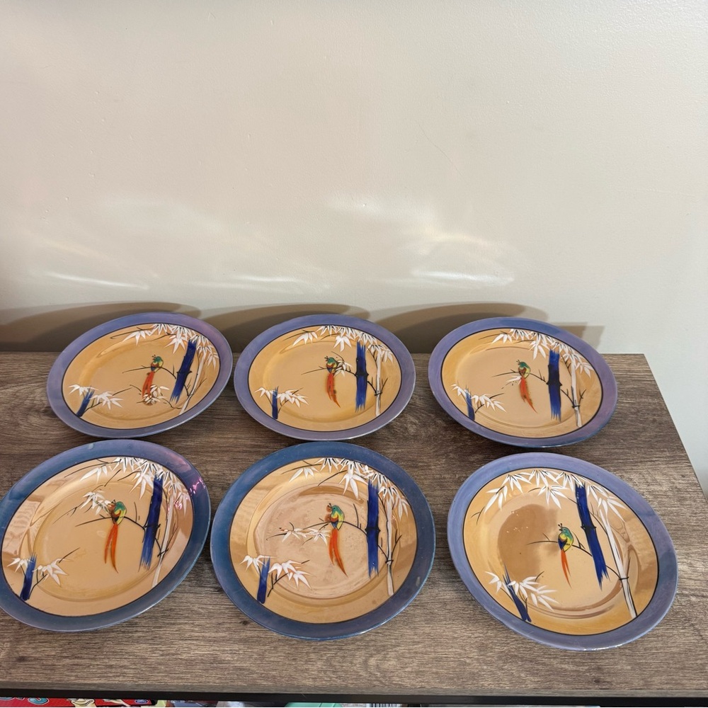Antique Set of 6 Nippon Lusterware Plates 7” Bird Japan Bamboo Hand Painted - Picture 7 of 14